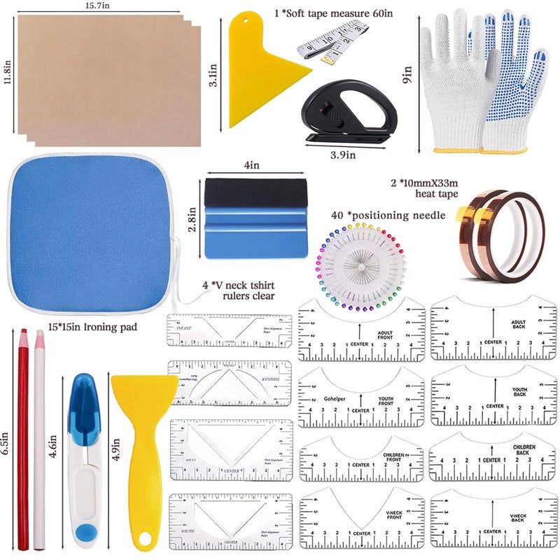 DNSGOOR 67 Pcs Sublimation Shirts Tool Kits for Vinyl Alignment,Portable Pad for Ironing,T-Shirt Rulers Guide and Teflon Sheet for Cricut Heat Press HTV Vinyl Center Designs,Craft Sewing Accessories - Image 2